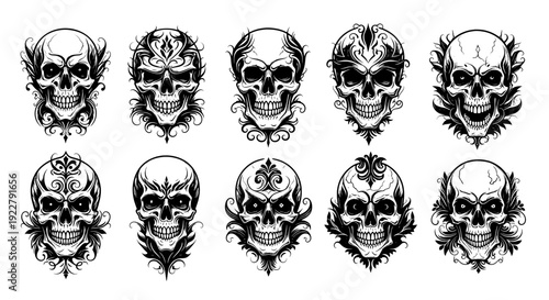 Set of skull and crossbones tattoo style vector symbols with tribal gothic vintage design in black and white