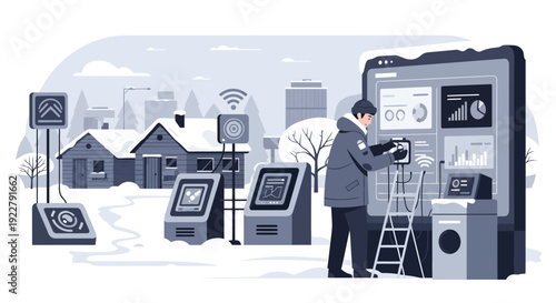 Man interacting with smart home control panel in winter setting.