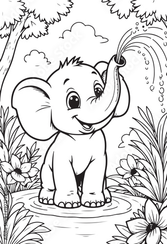 Funny cartoon baby elephant with a flower vector drawing and animal outline sketch for a children coloring book fairytale illustration