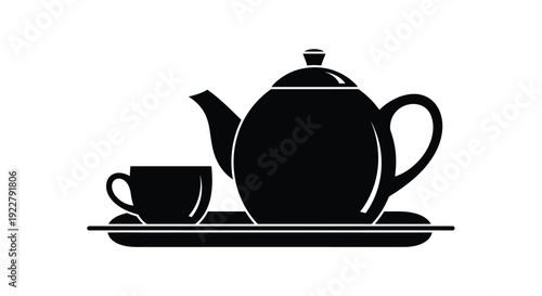Black and white illustration of a teapot with a cup and saucer