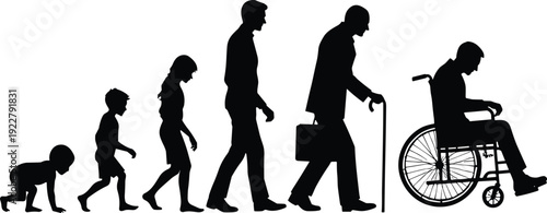 Human life cycle silhouette illustration showing stages from crawling baby to elderly man with cane and wheelchair, aging concept, evolution timeline on white background