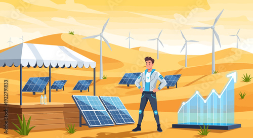 Man standing in desert with solar panels and wind turbines analyzing renewable energy data.
