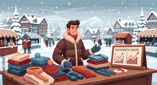 Man selling winter clothes at a market stall.