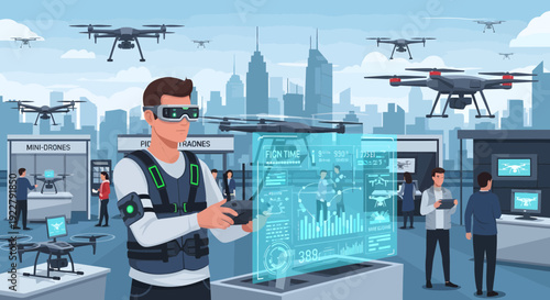 Man wearing VR glasses and controlling a drone with a remote.