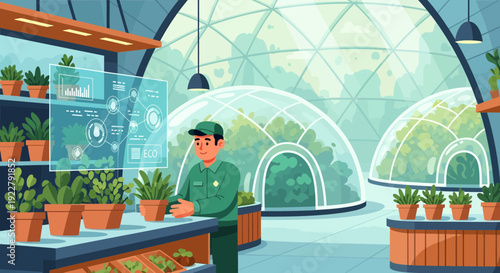Man tending to plants in a futuristic greenhouse with advanced technology.