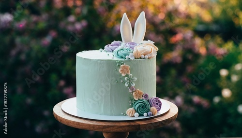 Wallpaper Mural Elegant mint green cake featuring white bunny ears, colorful buttercream flowers in purple, peach and teal. Perfect for Easter celebrations, spring parties, children's birthdays Torontodigital.ca