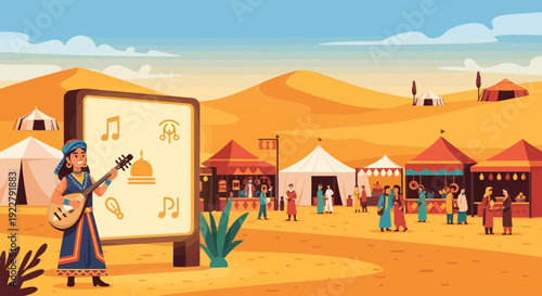 Musician playing string instrument at desert festival.