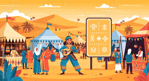 Musician playing a stringed instrument at a desert market.