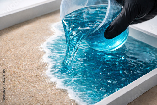 Wallpaper Mural Epoxy Resin Ocean Art Creation with Transparent Blue Waves and Sandy Beach Effect in Professional Workshop Setting Torontodigital.ca