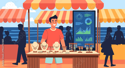 Smiling male vendor selling jewelry at an outdoor market stall.