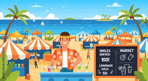Smiling Man Selling Lemonade at a Vibrant Beach Market Stall.