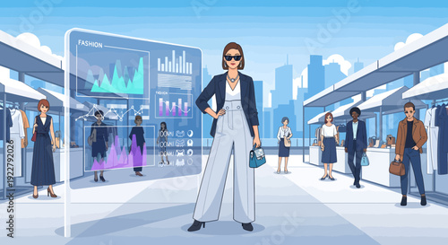 Stylish woman in smart glasses standing confidently in a futuristic urban setting.