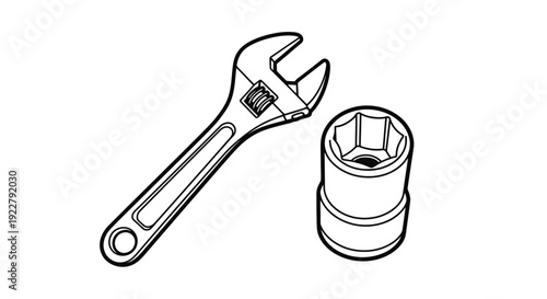 An adjustable wrench and a socket tool displayed in a black and white illustration