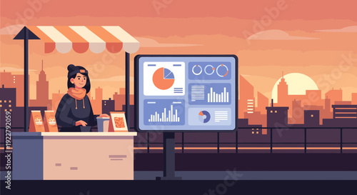 Woman analyzing data on a large screen at an outdoor market stall.