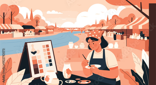 Woman artist painting ceramics outdoors at a market stall.