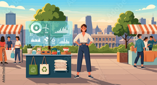 Woman at sustainable market with holographic display of ecofriendly data.
