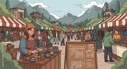 Woman selling handmade goods at a vibrant outdoor market.