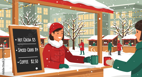 Woman selling hot drinks at a winter market stall.
