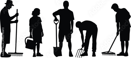 Silhouette of Diverse Gardeners and Farmers Working with Rake, Shovel and Pitchfork in Teamwork Outdoor Agriculture and Landscaping Concept Illustration Rural Community Scene