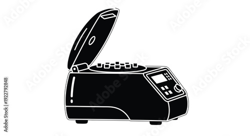 Black and white illustration of a bread machine with open lid