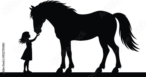 Silhouette of Little Girl Gently Touching Horse, Heartwarming Rural Friendship and Trust Between Child and Equine, Minimalist Black Vector Illustration Country Scene Artwork