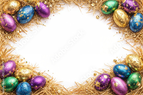 Wallpaper Mural Opulent Easter eggs with metallic gold leaf accents arranged in decorative border with natural straw nest material, perfect for holiday marketing, greeting cards, and seasonal campaigns Torontodigital.ca
