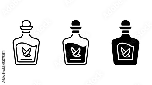 Three vector icons depict a bottle containing liquid with a leaf symbol in outline and solid fill styles.