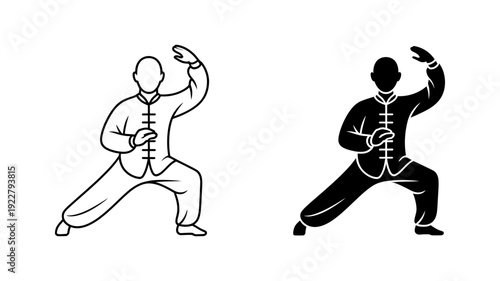 A black and white illustration shows a person practicing Tai Chi or martial arts in a classic stance.