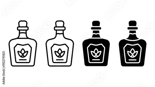 Four distinct bottle icons showcase a plant or agave symbol, presented in outline and solid black variations.