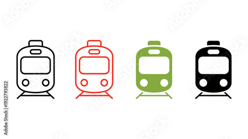 Four front-view train icons are displayed, featuring outline, red, green, and solid black variations.