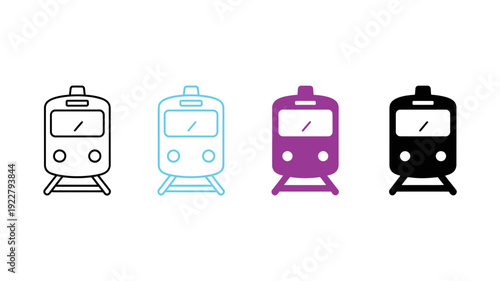Four train icons from a front perspective are presented in outline, light blue, purple, and solid black variations.
