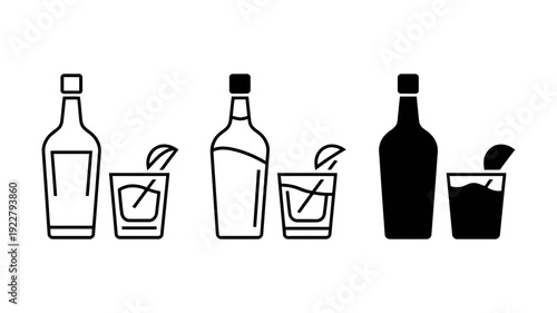 A generic bottle of alcohol stands next to a glass with a lime wedge in outline and solid black styles.