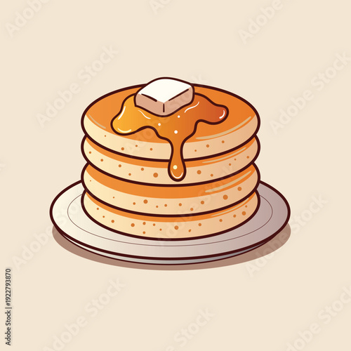 Vector illustration of a stack of fluffy pancakes topped with melting maple syrup and a pat of butter, served on a plate in a simple cartoon style with warm, appetizing colors