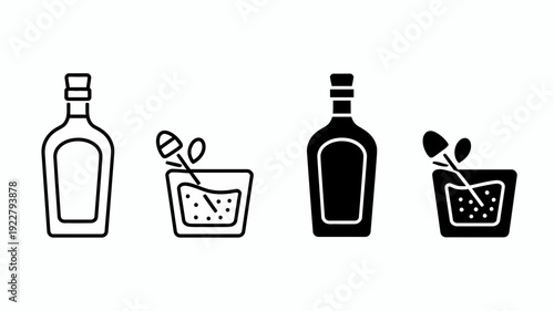 An alcohol bottle and cocktail glass with olives presented in both outline and solid fill icon styles.