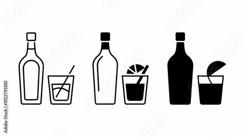 A bottle of alcohol with a cocktail glass garnished with a straw and lemon slice is shown in three styles.