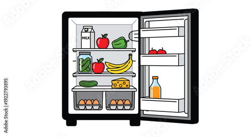 An open refrigerator displaying various food items on its shelves