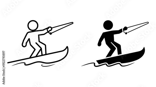 A person water skiing, holding a tow rope, rendered in outline and solid black icon styles.