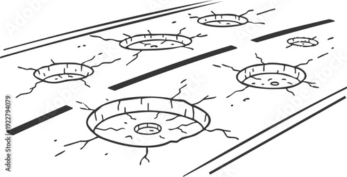 Potholes and cracks on asphalt road surface line illustration