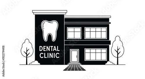 Simple black and white illustration of a dental clinic building facade