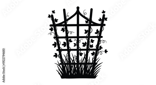 A black and white illustration of a garden trellis with vines and butterflies