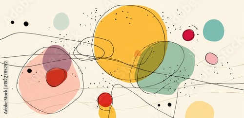Abstract illustration with colorful overlapping shapes, scattered dots, and thin, curved lines on a beige background