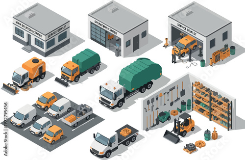 Logistics and transportation hub featuring warehouses, trucks, and industrial equipment in a modern industrial setting from an overhead viewpoint