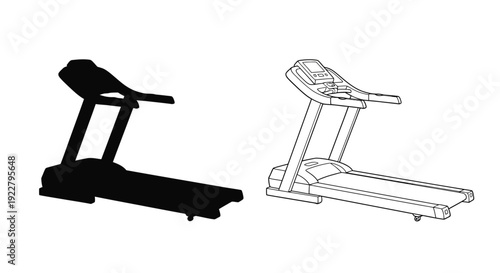 Line drawing of a treadmill shown in solid and outline views