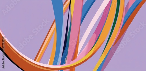 Abstract composition of colorful, flowing ribbons against a soft lavender background