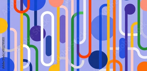 Abstract pattern of colorful lines, circles, and rounded rectangles on a light purple backdrop