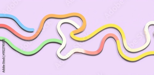 Colorful, undulating lines of varying hues on a lavender backdrop. Soft shadows give a 3D effect