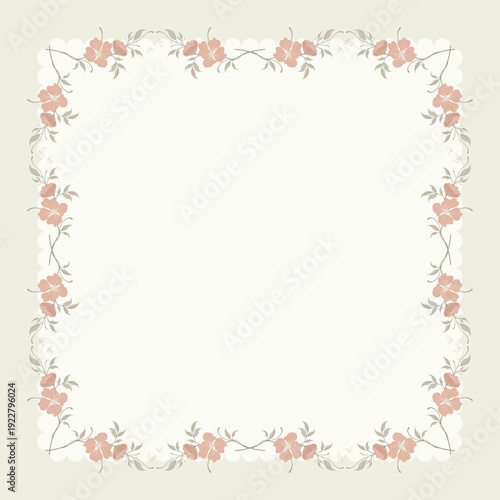 Elegant Square Floral Frame with Soft Pink Flowers and Scalloped Border on Neutral Background