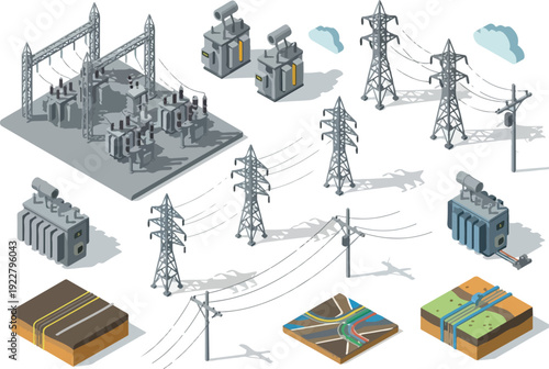 Electricity generation and transmission infrastructure components illustrated in a detailed graphic representation showcasing power plants, transmission towers, and substations.