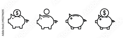 Piggy bank icons set with coins on white background