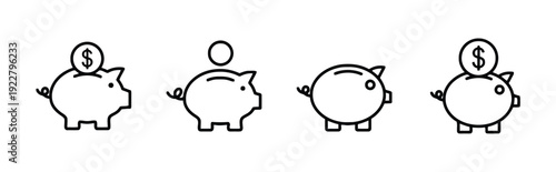Piggy bank icons with coins being inserted, line art style